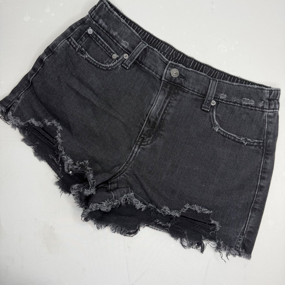 Aerie Black Distressed Denim Cut Off Shorts High Waisted Elastic Back Size M